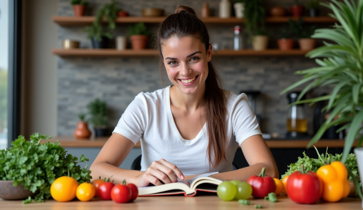 Una persona sorridente che legge un libro di cucina su un tavolo di legno, con ingredienti freschi come frutta e verdura disposti attorno, in un ambiente luminoso e accogliente.