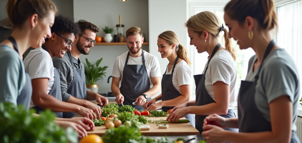 Gruppo di persone sorridenti che cucinano insieme cibi sani
