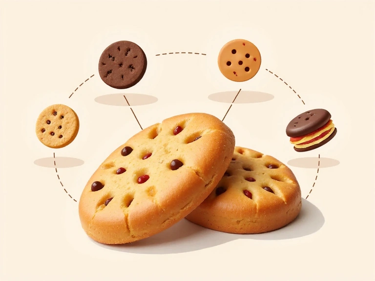 Illustrazione di biscotti e icone digitali che rappresentano i cookie