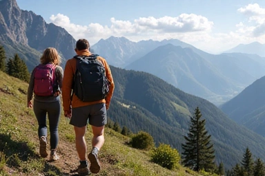 Anziana coppia sorridente che fa trekking in montagna, simbolo di benessere duraturo.