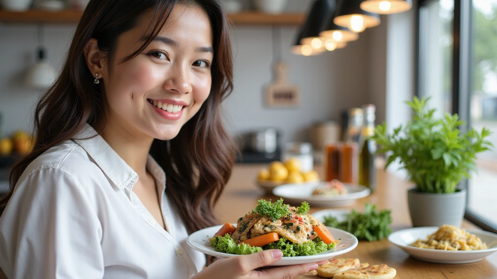 Donna sorridente che mangia un'insalata fresca e colorata, simbolo di alimentazione sana e felicità.