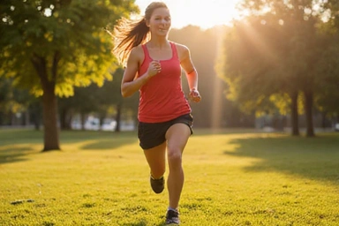 Donna energica che corre all'aperto, simbolo di vitalità e salute.