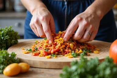 Mani che preparano un pasto colorato e delizioso, focalizzandosi sul piacere del cibo.