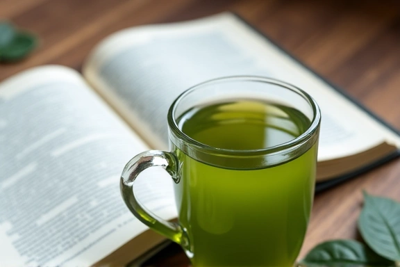Primo piano di una tazza di tè verde e un libro, simbolo di relax e benessere.