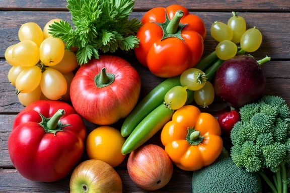 Varietà di frutta e verdura fresca su un tavolo di legno, simbolo di alimenti di stagione.