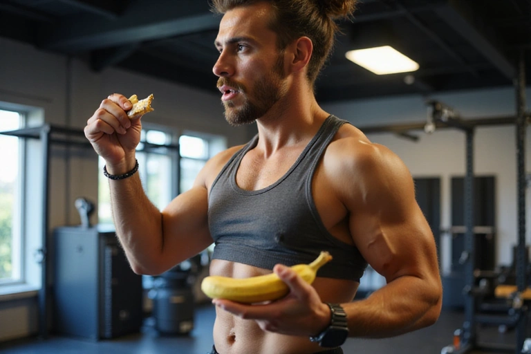 Atleta che mangia una banana dopo un allenamento intenso, con un focus sulla nutrizione sportiva