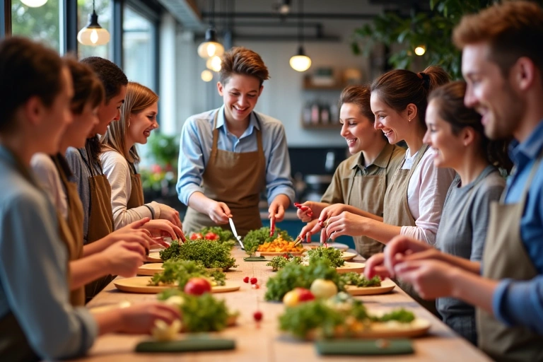 Gruppo di persone che partecipano a un workshop di cucina sana, con ingredienti freschi sul tavolo