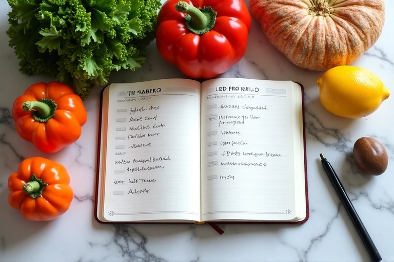 Tavolo con ingredienti freschi e un quaderno per piani alimentari personalizzati