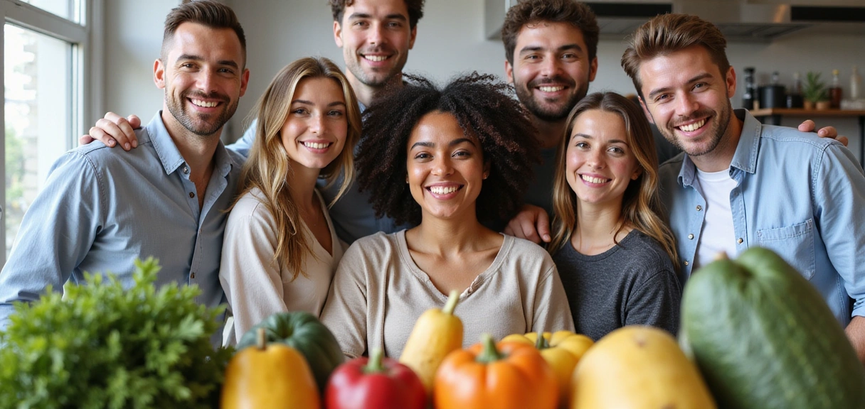 Persone felici e soddisfatte che celebrano i loro successi nel percorso nutrizionale